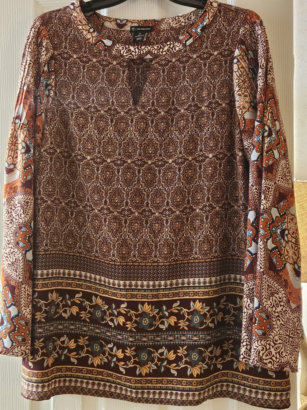 New Directions Burgundy and Cream Paisley Blouse